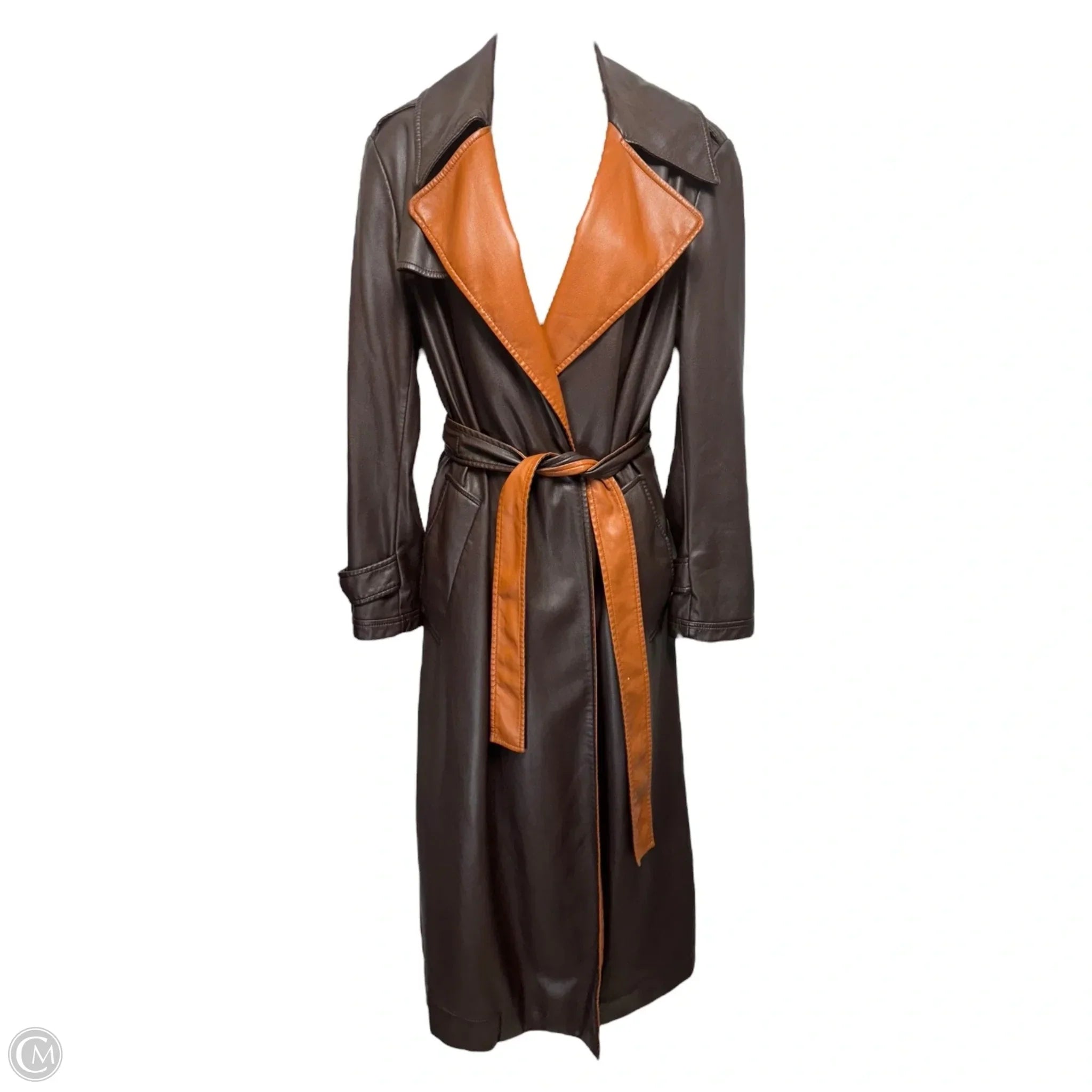 Vegan Leather Belted Trench Coat Designer By Derek Lam 10 Crosby In Brown, Size: XS