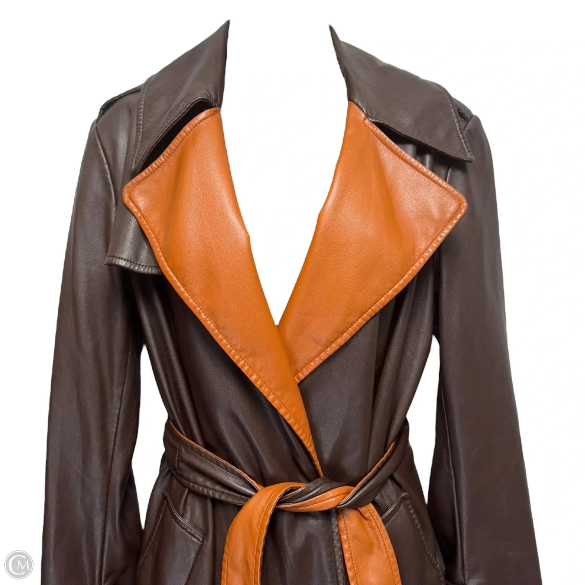 Vegan Leather Belted Trench Coat Designer By Derek Lam 10 Crosby In Brown, Size: XS