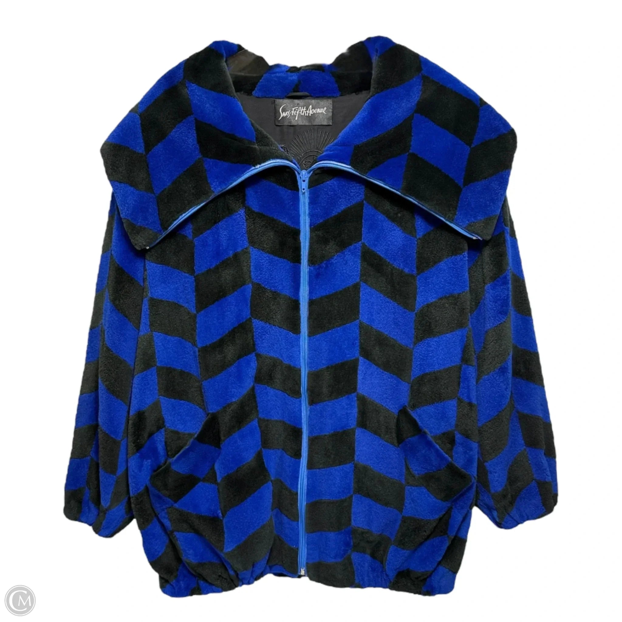 Sheared Beaver Intarsia Fur Jacket By Revillon X Saks Fifth Avenue In Black & Blue, Size: Xl